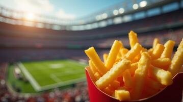 Crinkle-cut French fries in a red box with a blurred view of a sports stadium in the background. Game day food concept, copy space photo