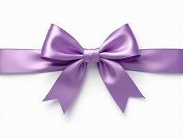 Lilac satin ribbon bow with long tails on a white background. Isolated decorative element for gift wrapping and design projects photo