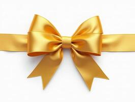 Golden satin ribbon bow tied on a horizontal ribbon isolated on a white background. Elegant decoration for gifts, holidays, and designs photo