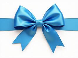 Blue satin ribbon bow with long tails on a white background. Isolated decorative element for gift wrapping and design projects photo