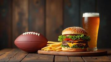 Cheeseburger with fries, beer, and football on a wooden table. Perfect setup for game day snacks and sports celebrations photo