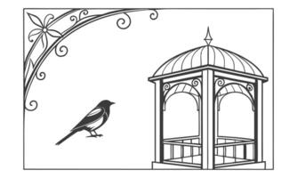a black and white drawing of a bird and a gazebo vector