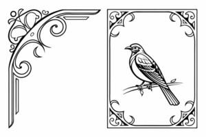 a bird is perched on a frame and a decorative border vector