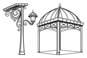 a black and white drawing of a gazebo and lamp post vector
