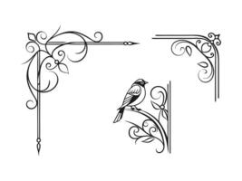 bird on a branch, ornamental frame, decorative elements, illustration vector