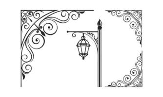 a black and white illustration of a street lamp and a decorative frame vector