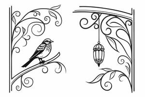 bird on a branch with a bird cage and a bird feeder vector