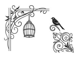 bird and cage on a branch with ornamental design vector