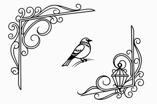 a bird is perched on a decorative frame with a lantern vector