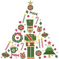Christmas tree with nutcracker and ornaments. Icons. vector