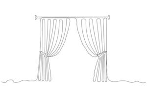 Curtains one-line art drawing. Minimalist window curtain continuous outline vector