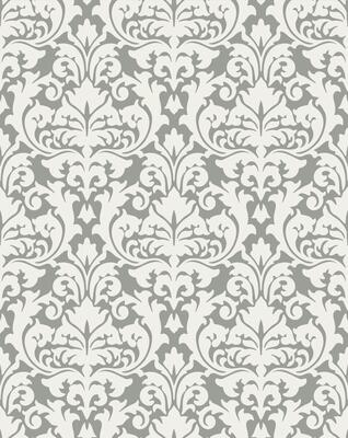 Refined seamless damask design in soft gray tones featuring detailed floral and ornamental symmetry.