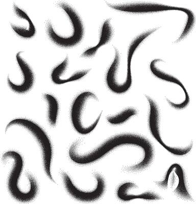 Grainy stipple patterns forming abstract fluid shapes with artistic black and white textures. Stipple brush
