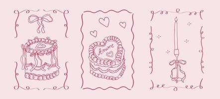 Red poster with cake with candle and cream in retro vintage style. Doodle outline frame with dessert in fancy hand drawn style. Coquette Cake Set vector