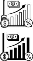 Capitalization Icons. Black and White Illustrations. Interest Accrual on Principal. Dollar, Currency, Income Increase. Increasing Chart with Up Arrow. Stock Market Concept vector