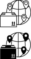 Global Logistics Icons. Black and White Illustrations. Earth, Geolocation, and Cargo Box. Delivery Service vector