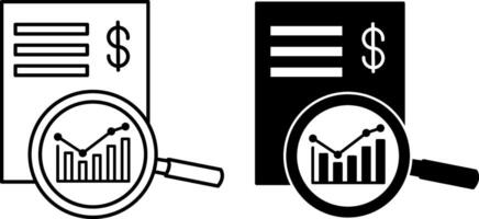 Analysis Icons. Black and White Illustrations. Magnifying Glass Zooms Into Chart. Stock Market Valuation, Stock and Securities Analysis vector