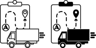 Route Planning Icons. Black and White Illustrations. Geolocation Map and Moving Truck. Delivery Service. Logistics Concept vector