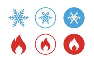 Hot and cold flat icon set. Snowflake and fire, flame symbols. Fire and snowflake sign. Heating and cooling button. vector