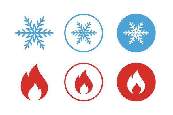 Hot and cold flat icon set. Snowflake and fire, flame symbols. Fire and snowflake sign. Heating and cooling button.