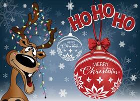 Adorable Moose with Christmas lights and bulbs hanging from antlers with a red Christmas Ball and a snowy background. vector
