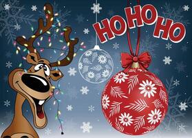 Adorable Moose with Christmas lights and bulbs hanging from antlers and a snowy background. vector