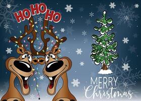 Two goofy moose cartoon characters tangled up in Christmas lights with a Christmas tree. vector
