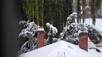 a view of a snow covered roof and chimneys in the winter video