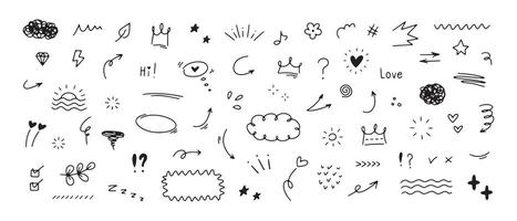 Hand drawn simple doodle elements. Sketch line speech bubbles, underlines, emphasis, arrows, highlights, sparkle elements. vector