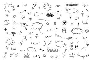 Hand drawn simple doodle elements. Speech bubbles, underlines, emphasis, arrows, highlights, sparkle elements. vector