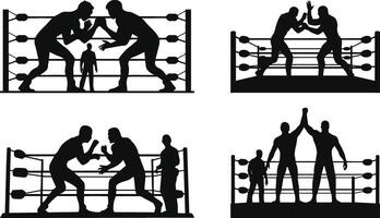 a black-and-white image of a boxing match with a man in a ring. vector