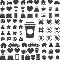 A silhouette image of filled icons set with a white background, a black and white sign that says cup icons, and cups vector