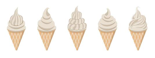 Vanilla ice cream cone flat illustration. Set with ice cream of different shapes. Beige and white ice cream on white background. Swirl of soft serve ice cream. vector
