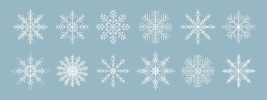 Snow Icons. Snowflakes Icons. Snowflake variations icon collection. Snowflakes white ice crystal on blue background. Winter symbol. Christmas logo sign. vector