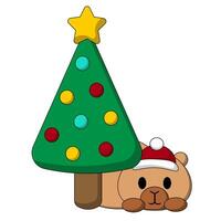 Cute Capybara with Christmas Tree in color vector