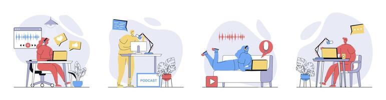 Podcast streaming concept set in flat design for web. Collection with people in headphones broadcasting, radio host talks in microphone, creating audio content, follower listen. illustrations. vector