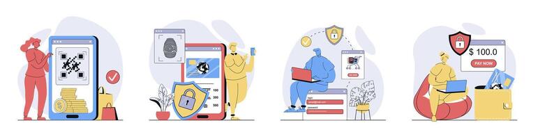 Secure payment concept set in flat design for web. Collection with people ordering with online pay and protection shield service, make safety money transfer in internet store. illustrations. vector