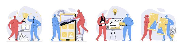 Teamwork concept set in flat design for web. Collection with people working together, celebrating career winning award, developing project, doing tasks in team, brainstorming. illustrations. vector