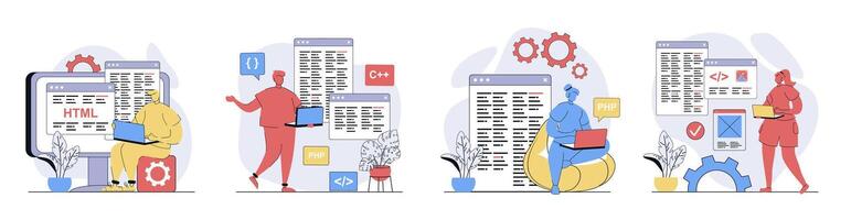 Programmer working concept set in flat design for web. Collection with people programming at different computer languages, creating code at screens, developing new it products. illustrations. vector