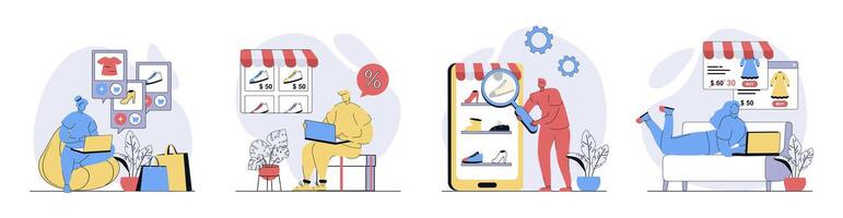 Online shopping concept set in flat design for web. Collection with people ordering new clothes or shoes in internet stores, paying with best price in mobile app, using delivery. illustrations. vector
