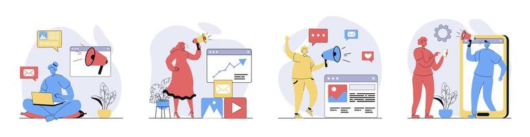 Digital marketing concept set in flat design for web. Collection with people with megaphones influencing and attracting new clients, making online advertising and promotion. illustrations. vector