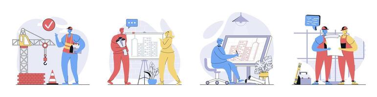 Construction engineer concept set in flat design for web. Collection with people working at building site, creating and discussing architect blueprints, drawing house plans. illustrations. vector