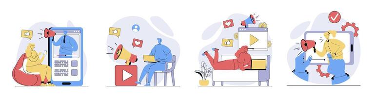 marketing concept set in flat design for web. Collection with people with megaphones creating promo videos, posting content with advertising and attracting new followers. illustrations. vector