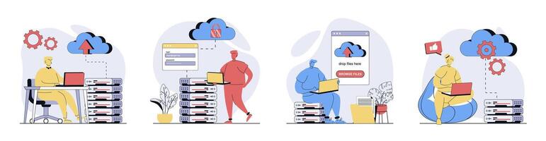Cloud computing concept set in flat design for web. Collection with people using cloud processing, making sync and data backup with online files storage, sharing and download. illustrations. vector
