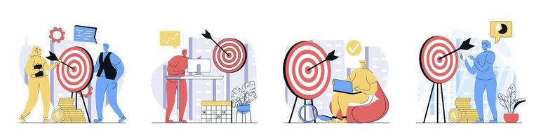 Business target concept set in flat design for web. Collection with people planning strategy and company mission, hitting bullseye at dartboard, achieving goals and challenges. illustrations. vector
