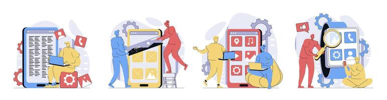 App development concept set in flat design for web. Collection with people programming and coding mobile layouts, placing app buttons and elements, make templates optimization. illustrations. vector