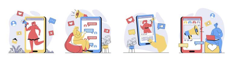 Social media marketing concept set in flat design for web. Collection with people making online advertising, influencers work with targeting audience, clients making purchases. illustrations. vector