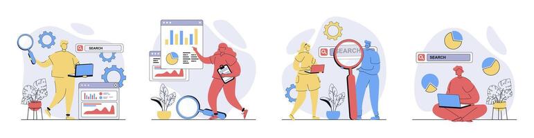 Seo analysis concept set in flat design for web. Collection with people analyzing site data statistic and graphs on screen, making optimization for increasing traffic and rating. illustrations. vector