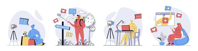 blogging concept set in flat design for web. Collection with people recording new videos in personal blog, making live translation from travel, followers watching content. illustrations. vector