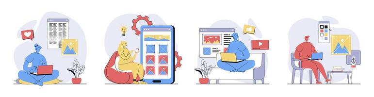 Content manager concept set in flat design for web. Collection with people creating photos and images for webpage filling, planning online posts, making digital content and text. illustrations. vector